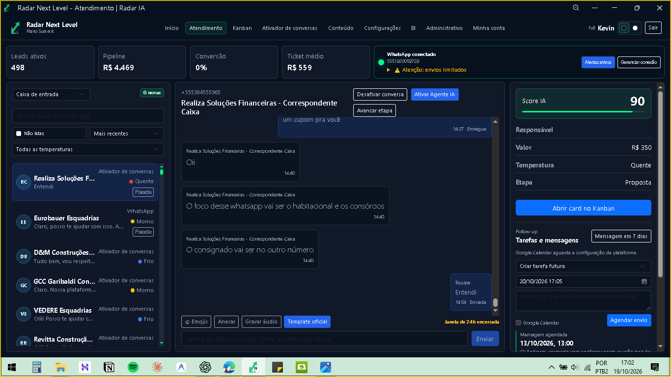 Tela real de atendimento do Radar Next Level com conversas, qualificação e tarefas comerciais
