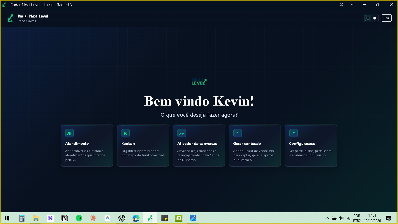 Tela inicial real do Radar Next Level com acessos para atendimento, Kanban, Ativador de Conversas, conteúdo e configurações