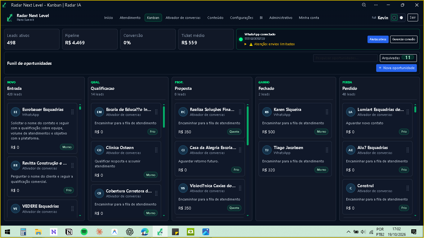 Tela real do funil Kanban do Radar Next Level com oportunidades distribuídas por etapa